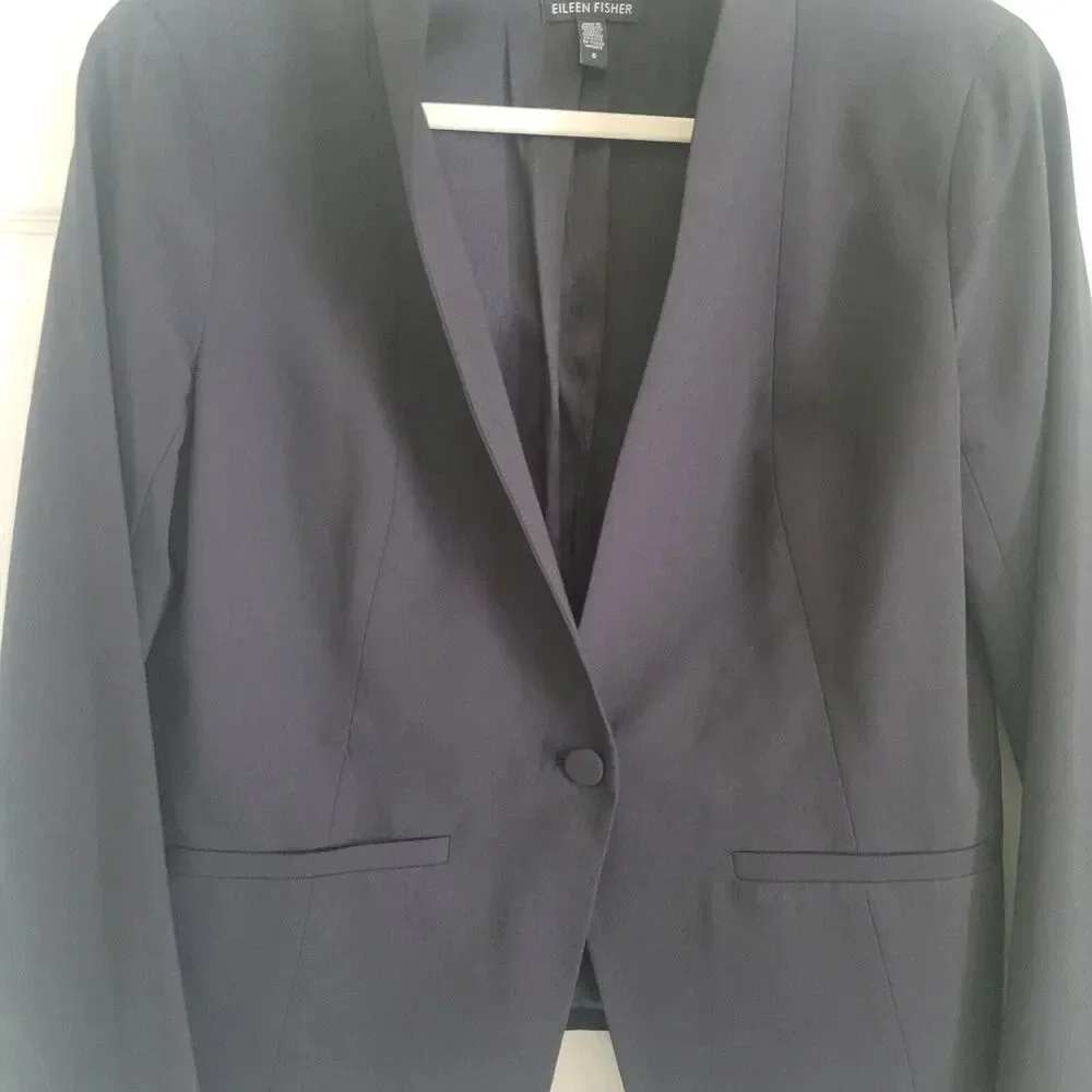 Eileen Fisher Tropical Suiting‎ Blazer Jacket Women's Size 6 Black Wool Blend